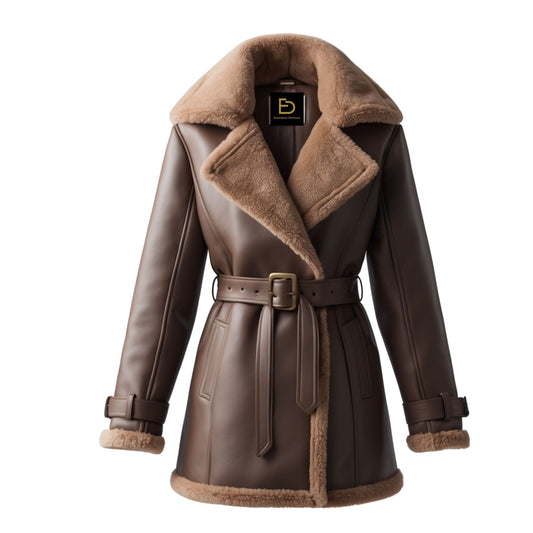 Women's Real Leather Shearling Coat: Dark Brown Belted Winter Outerwear