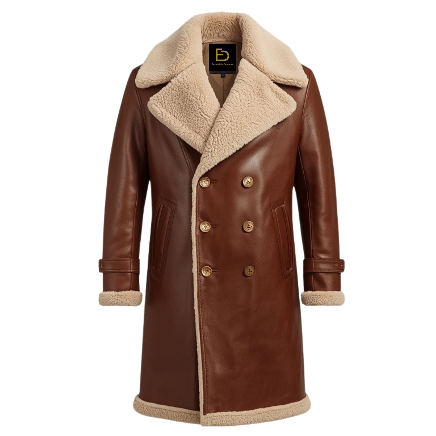 Mens Genuine Leather Shearling Lined Overcoat – Double Breasted Winter Warmth