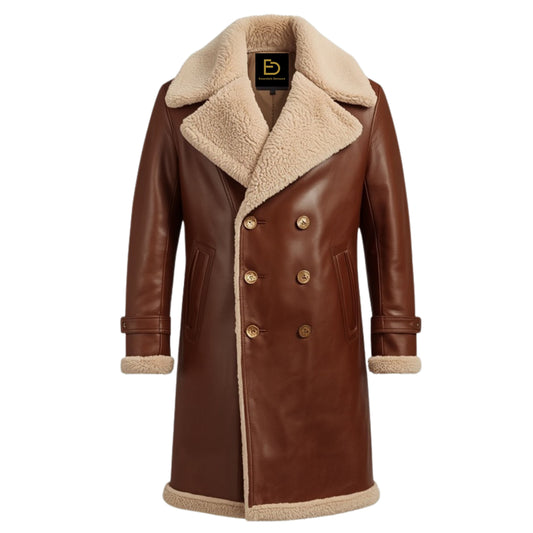 Mens Genuine Leather Shearling Lined Overcoat – Double Breasted Winter Warmth