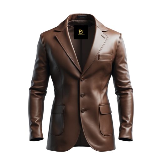 Brown Lambskin Leather Blazer: Three-Button Notch Lapel Sport Coat