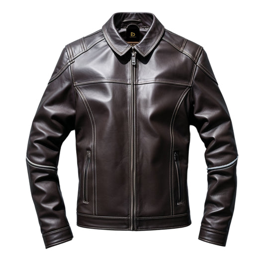 Men's Real Leather Jacket: Black, Zip Front, Stylish Stitch Details, Versatile Outerwear