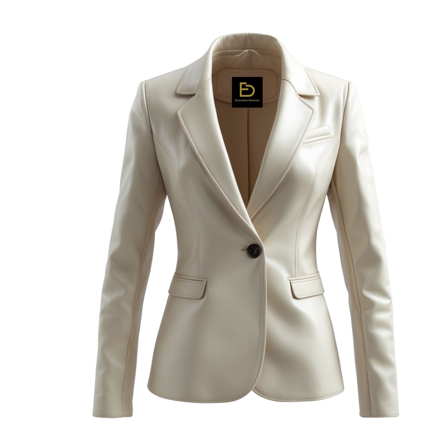 Ivory Real Leather Blazer Jacket: Slim Fit Single Button Tailored Office Coat