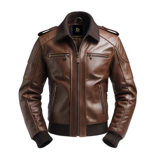Men's Brown Leather Bomber Jacket: Ribbed Cuffs, Zip Pockets, Timeless Style