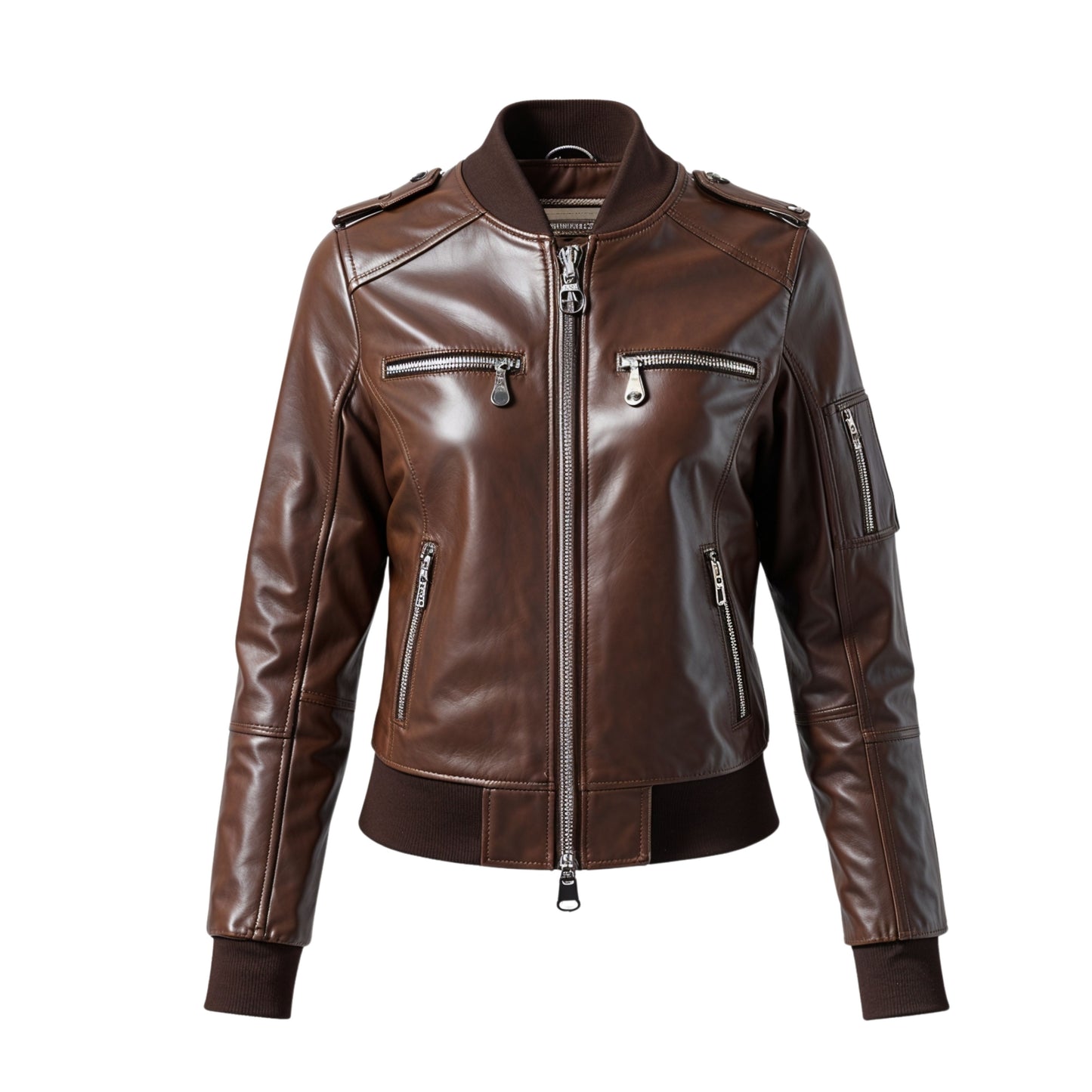 Womens Brown Real Leather Bomber Jacket – Ribbed Collar, Cuffs, Zipper Pockets