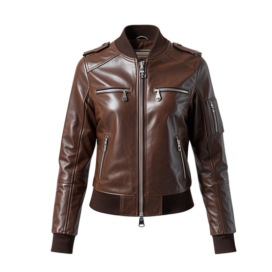 Womens Brown Real Leather Bomber Jacket – Ribbed Collar, Cuffs, Zipper Pockets