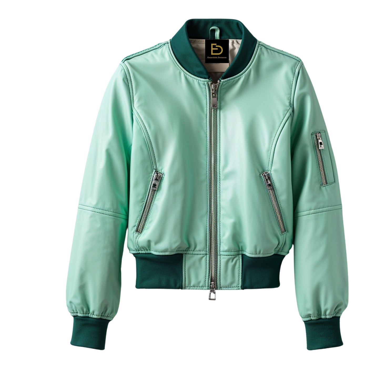 Mint Green Leather Bomber Jacket: Cropped Flight Style with Ribbed Collar