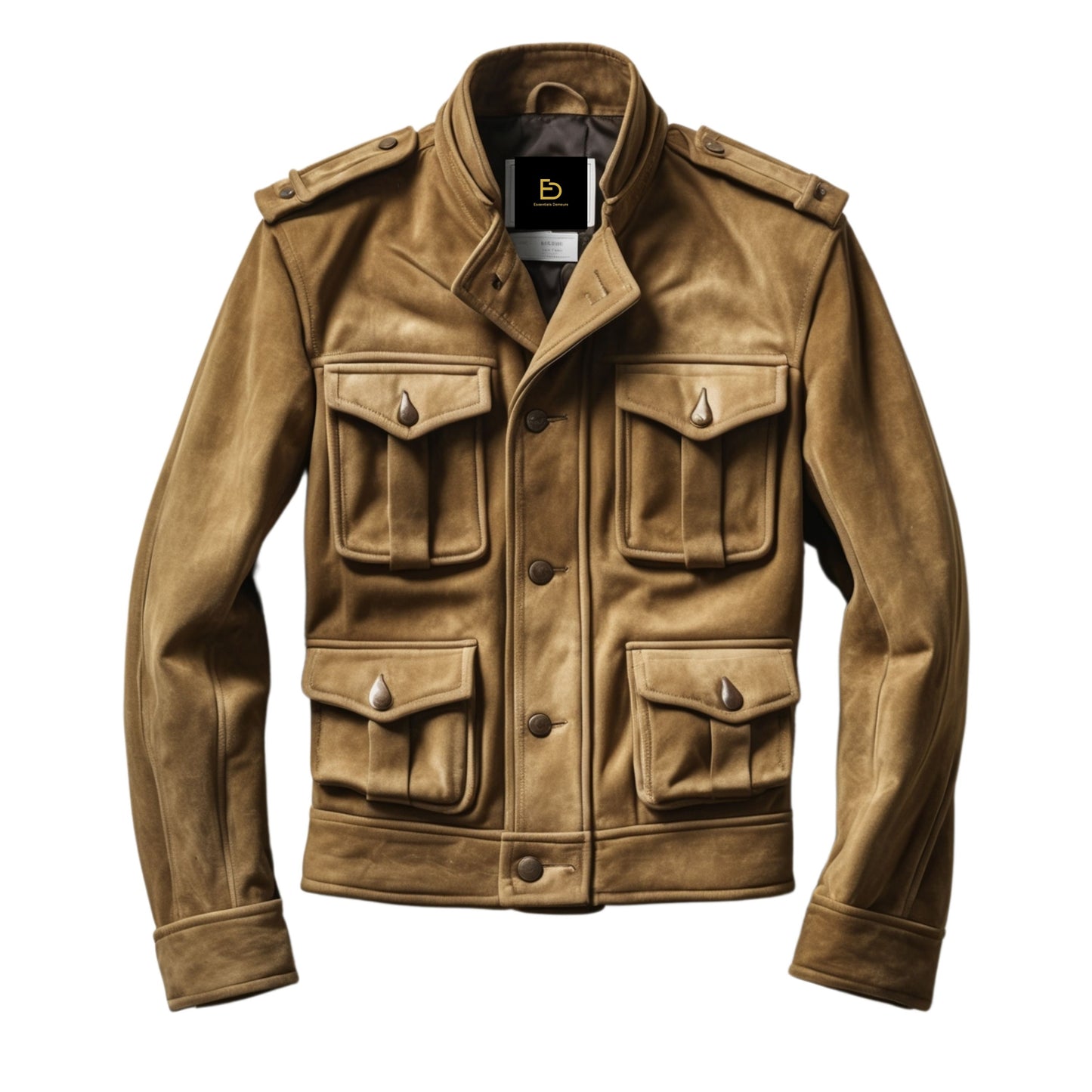 Men's Brown Suede Military Jacket with Flap Pockets and Epaulette Detailing