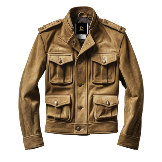 Men's Brown Suede Military Jacket with Flap Pockets and Epaulette Detailing