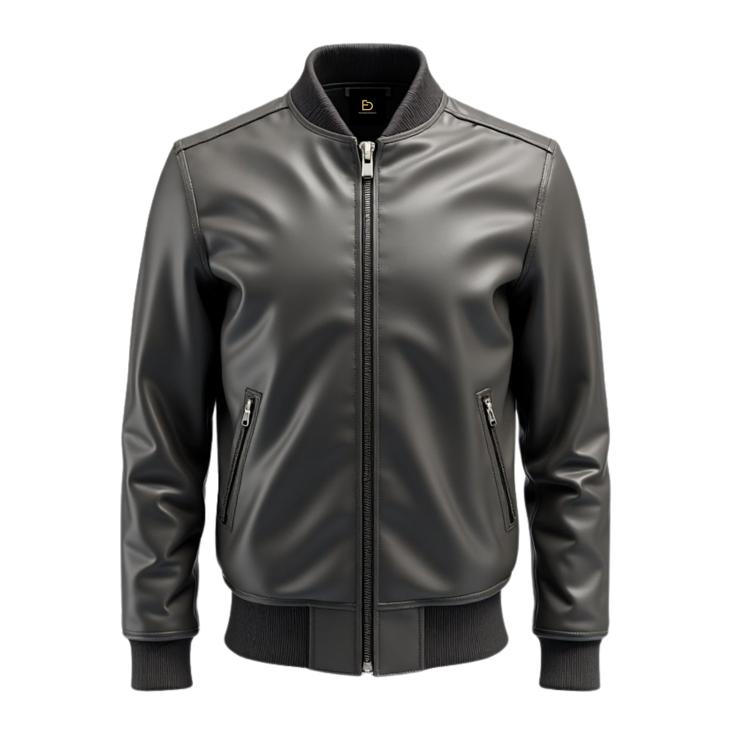 Men's Grey Real Leather Bomber Jacket – Modern Zipper Design, Ribbed Cuffs, Durable Style