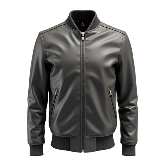 Men's Grey Real Leather Bomber Jacket – Modern Zipper Design, Ribbed Cuffs, Durable Style