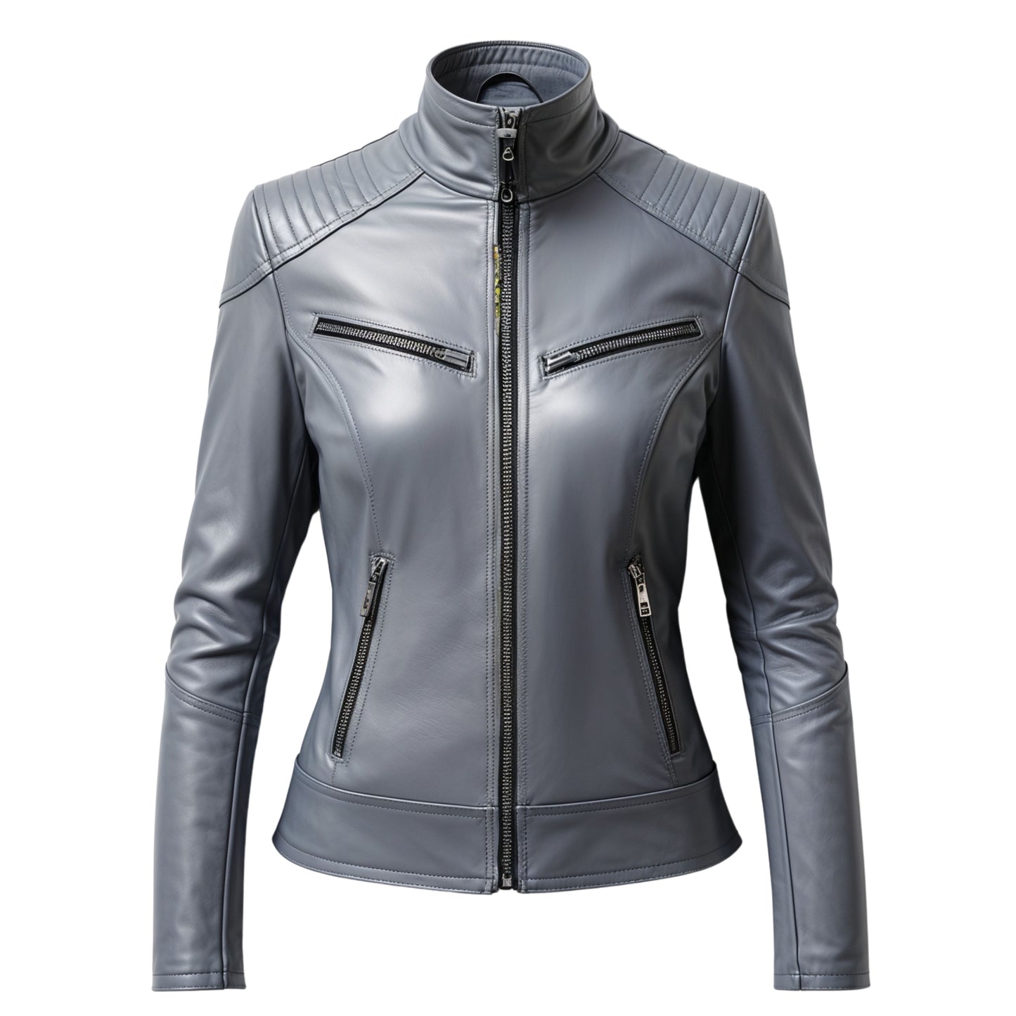 Gray Real Leather Cafe Racer Jacket with Quilted Shoulders, Slim Moto Fit