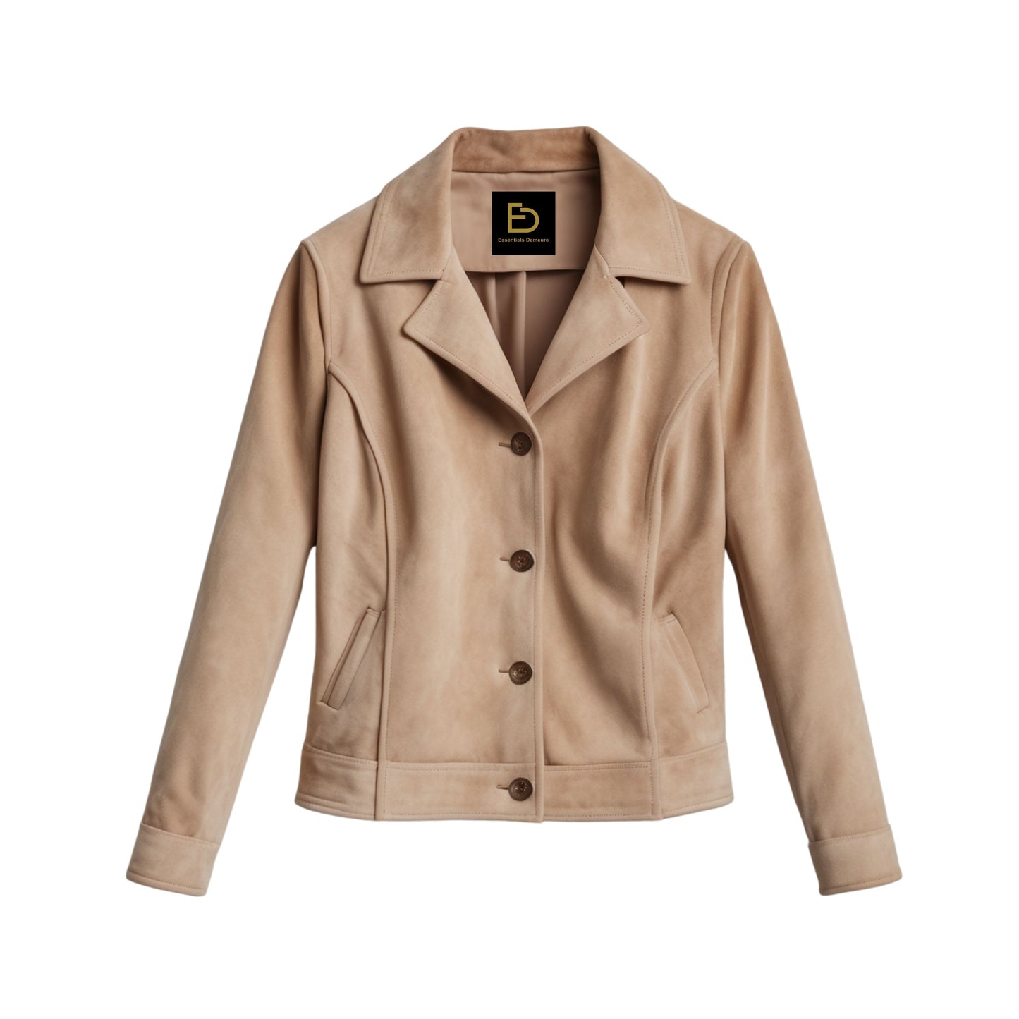 Womens Beige Suede Leather Blazer Jacket – Slim Fit Button Front Outerwear