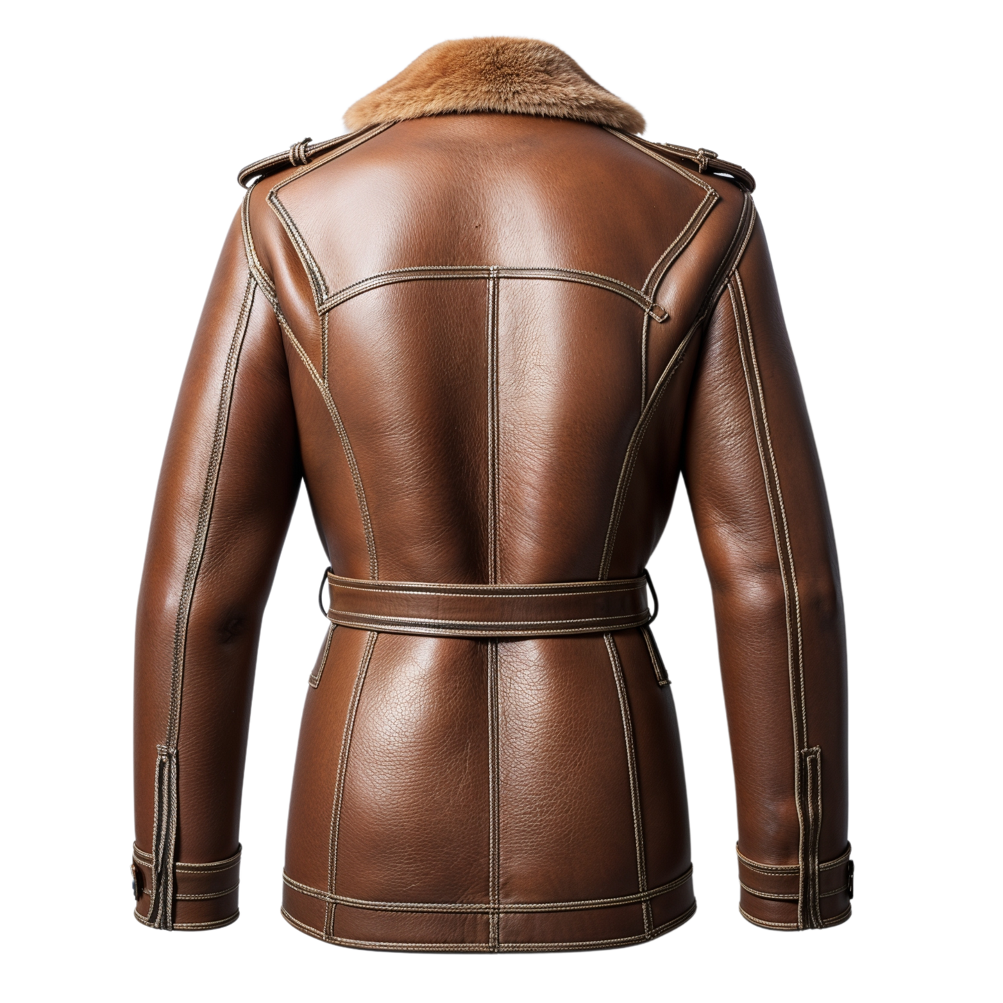 Men Belted Brown Leather Shearling Coat Wide Collar Vintage Inspired Stitching Classic Winter Style Warmth