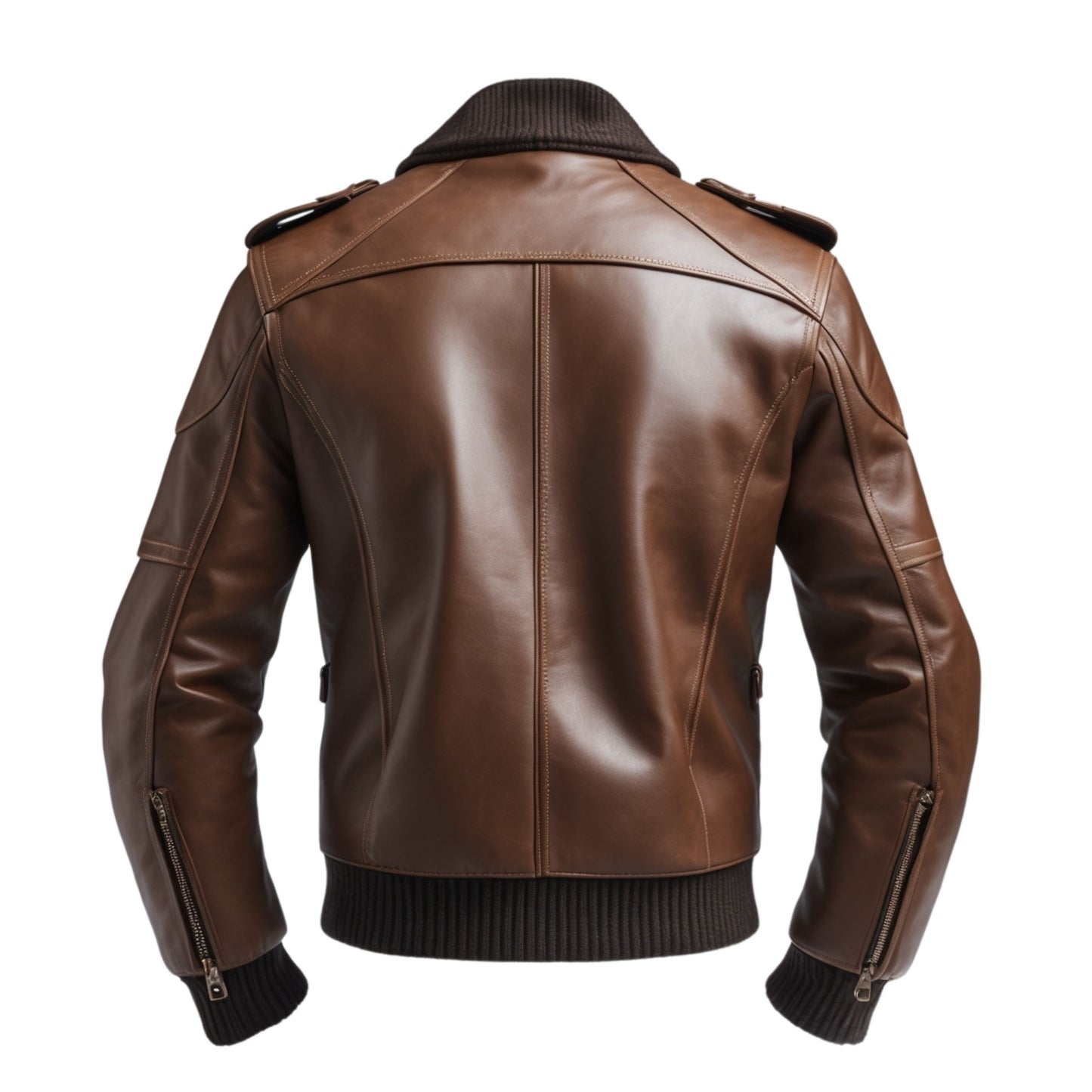 Men's Brown Leather Bomber Jacket: Ribbed Cuffs, Zip Pockets, Timeless Style