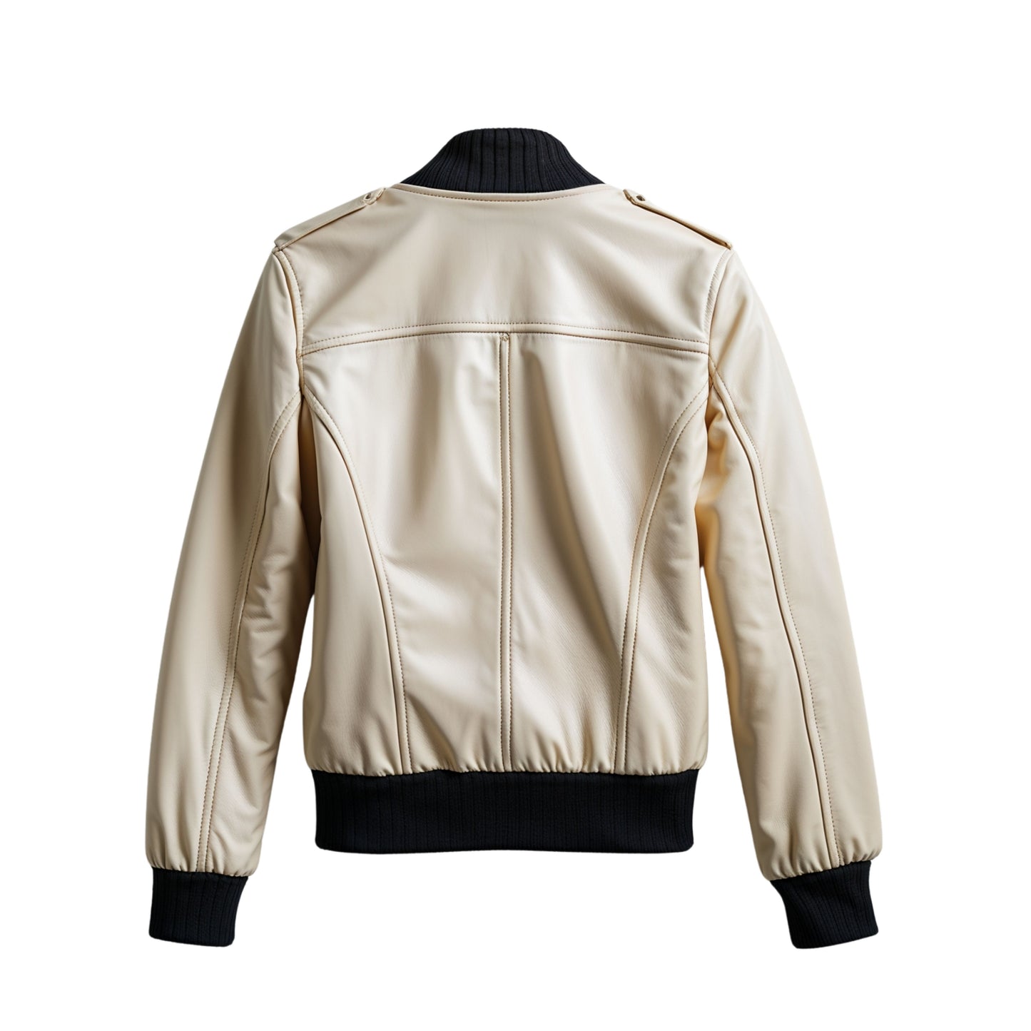 Cream Real Leather Bomber Jacket with Ribbed Trim – Casual Chic Outerwear