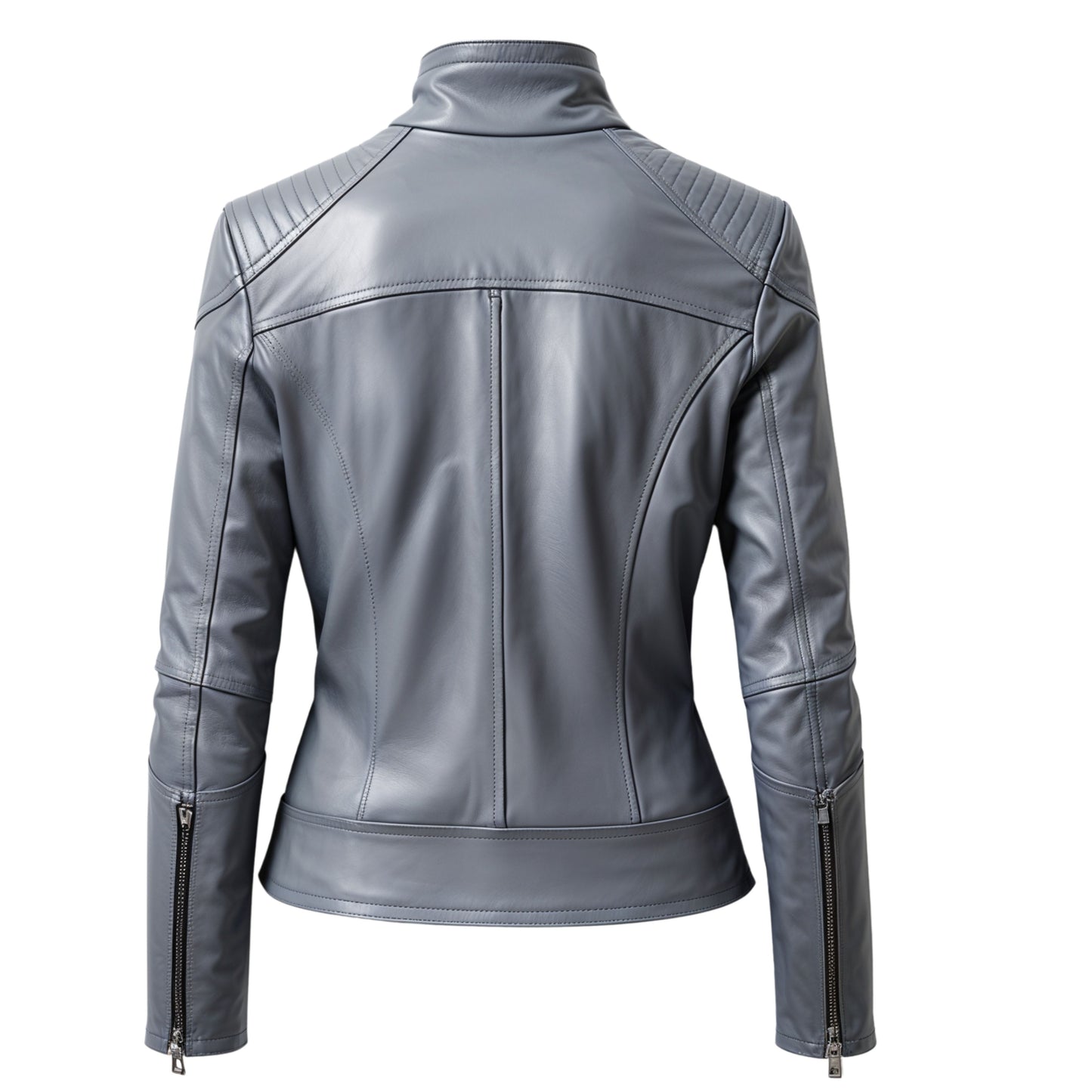 Gray Real Leather Cafe Racer Jacket with Quilted Shoulders, Slim Moto Fit