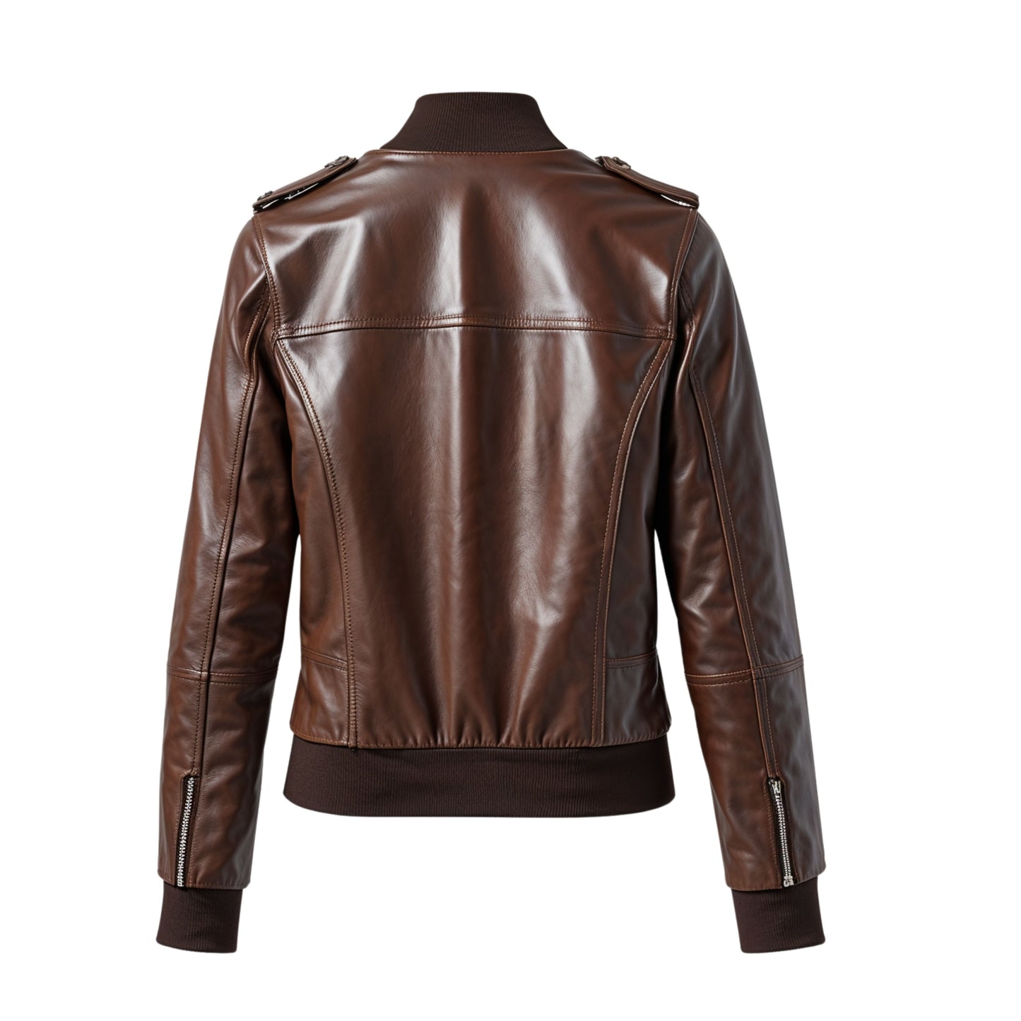 Womens Brown Real Leather Bomber Jacket – Ribbed Collar, Cuffs, Zipper Pockets