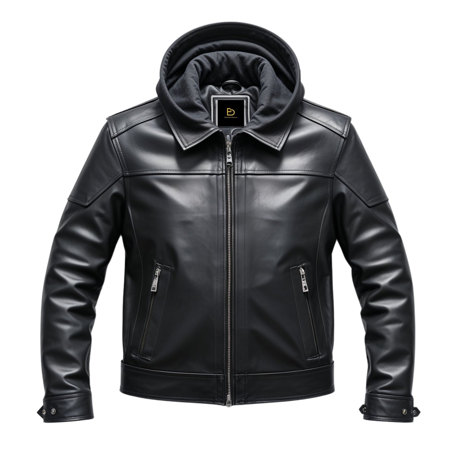 Men's Black Real Leather Jacket with Removable Hoodie – Casual Wear Warmth
