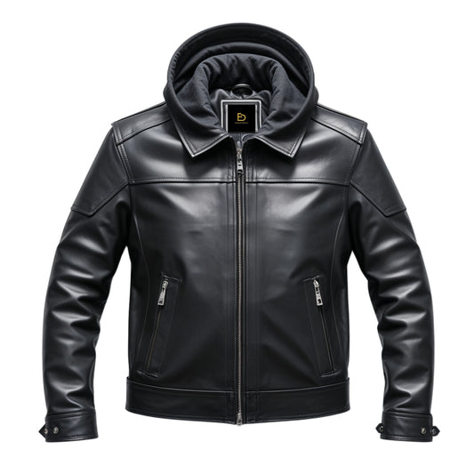 Men's Black Real Leather Jacket with Removable Hoodie – Casual Wear Warmth