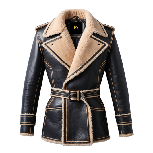 Men Black Leather Shearling Coat Cream Collar Belted Waist Luxurious Warmth Sophisticated Winter Style