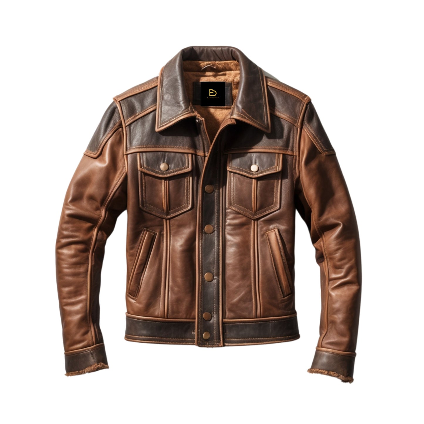 Men's Brown Two-Tone Leather Trucker Jacket: Vintage Contrast Panels Snap Button