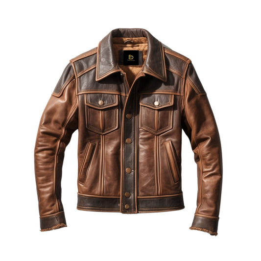 Men's Brown Two-Tone Leather Trucker Jacket: Vintage Contrast Panels Snap Button