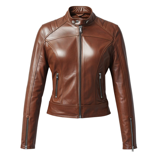 Brown Leather Moto Jacket: Stand Collar, Zip Pockets, Slim Biker Style