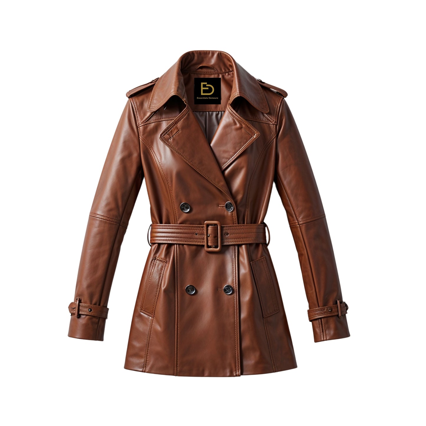 Women's Cognac Brown Leather Trench Coat: Belted Double Breasted Lapel Jacket