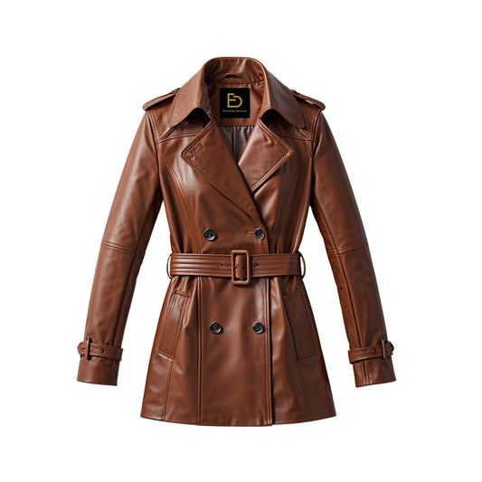 Women's Cognac Brown Leather Trench Coat: Belted Double Breasted Lapel Jacket