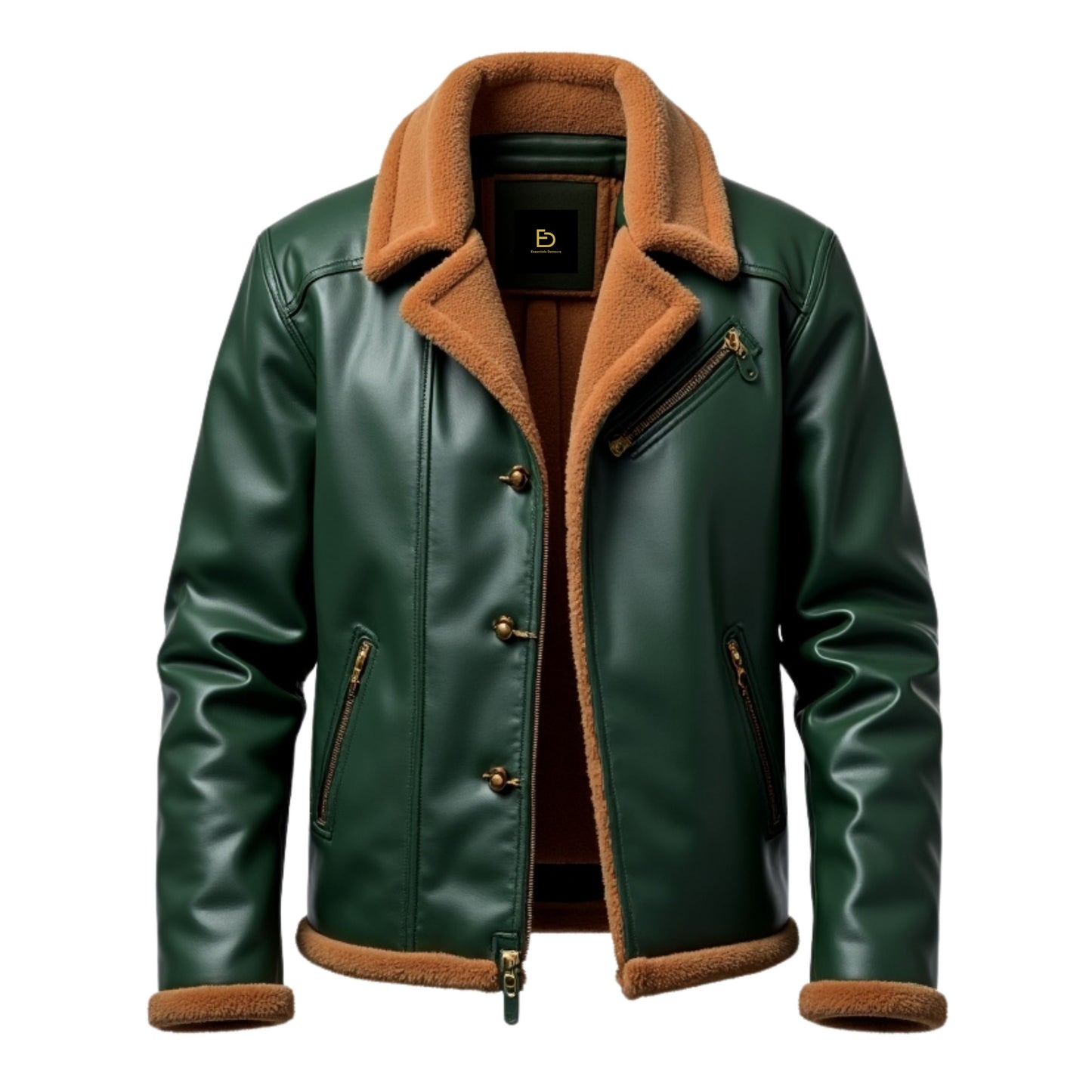 Men's Green Leather Aviator Jacket with Shearling Lining – Vintage Button Detail