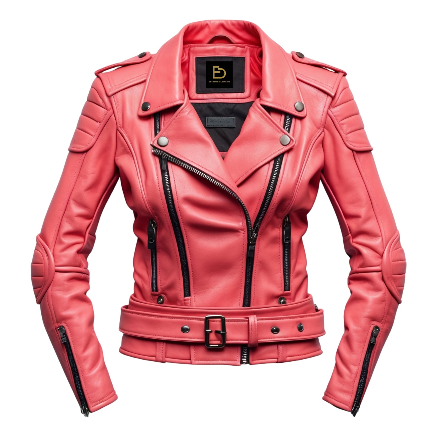 Coral Red Leather Biker Jacket: Quilted Shoulders, Belted Waist, Wide Lapel Outerwear
