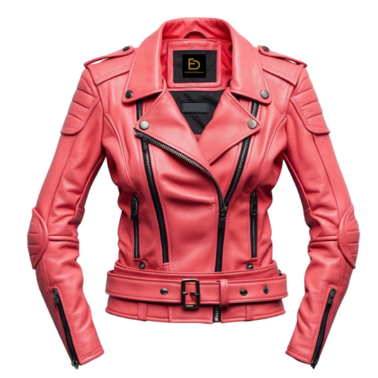 Coral Red Leather Biker Jacket: Quilted Shoulders, Belted Waist, Wide Lapel Outerwear