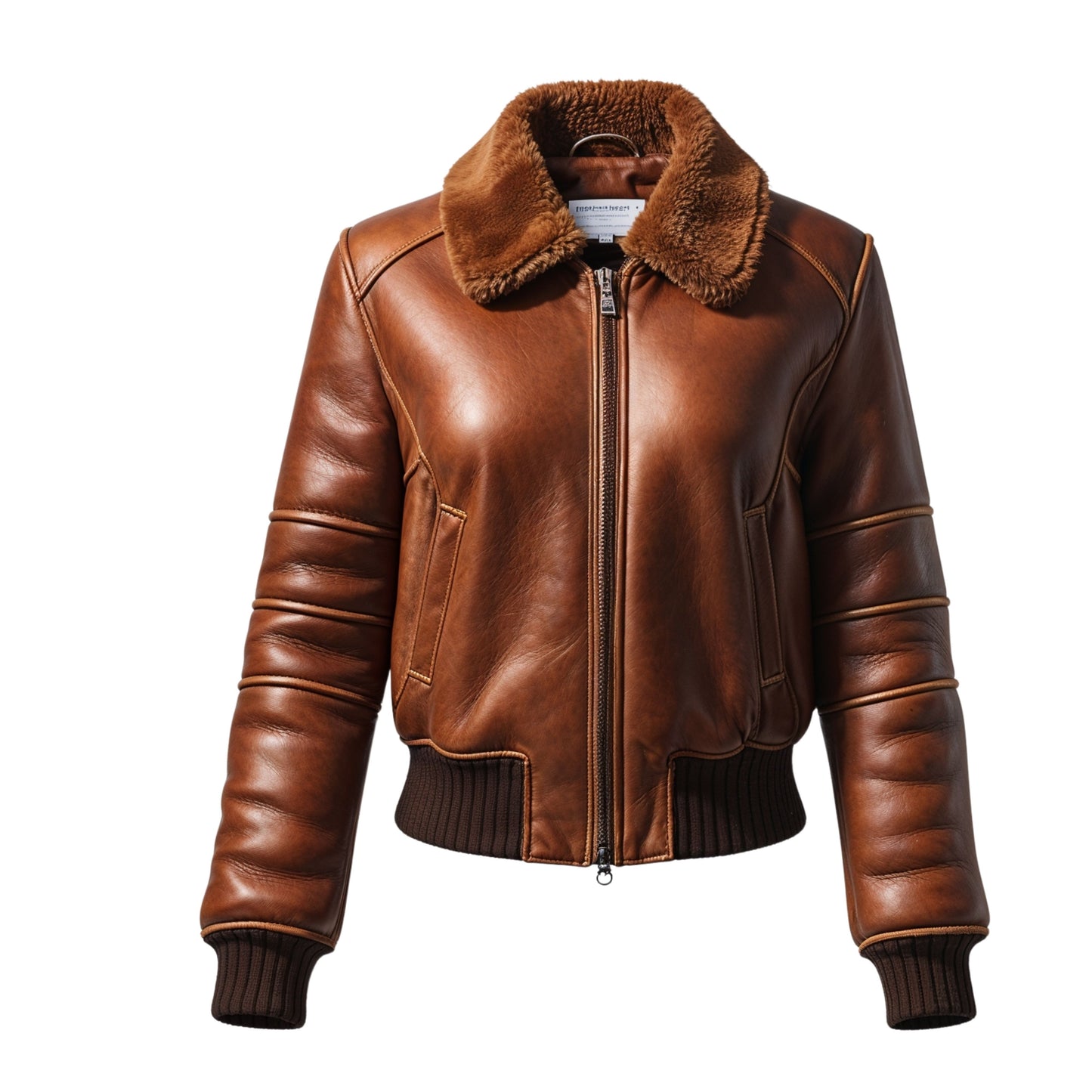 Brown Leather Bomber Jacket with Plush Collar, Quilted Sleeves, Cropped Aviator Fit