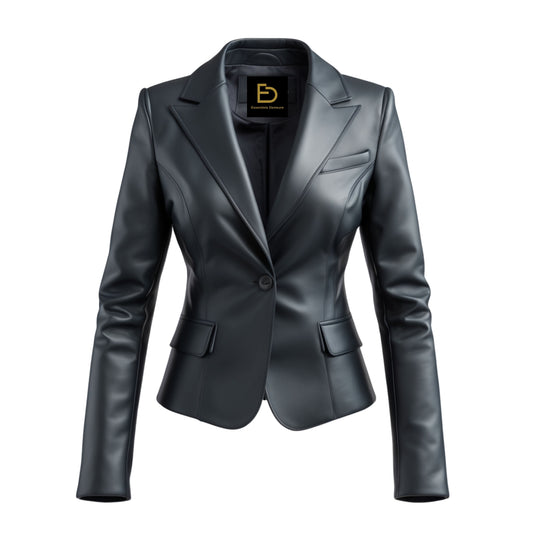 Women's Black Real Leather Blazer Jacket – Slim Fit Single Button Tailored Coat