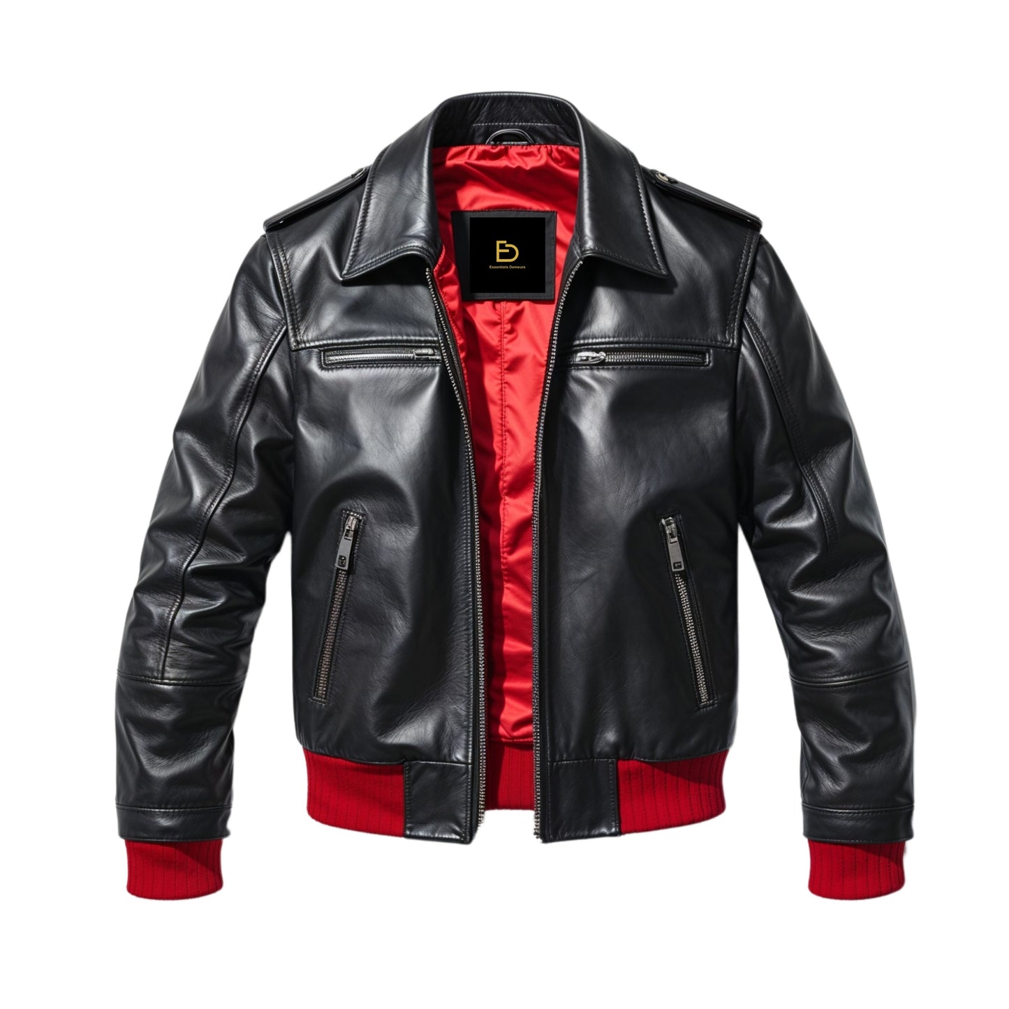 Men's Black Leather Bomber Jacket with Red Ribbed Accents – Modern Streetwear Style