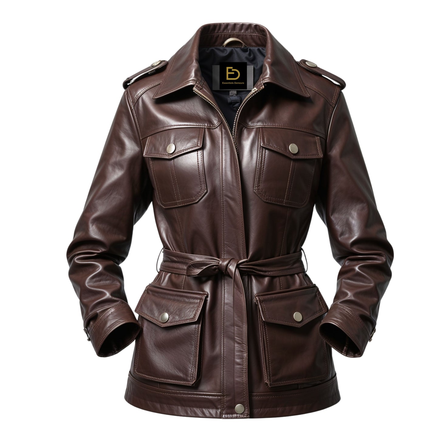 Women's Brown Real Leather Belted Utility Jacket – Military Inspired Cargo Style