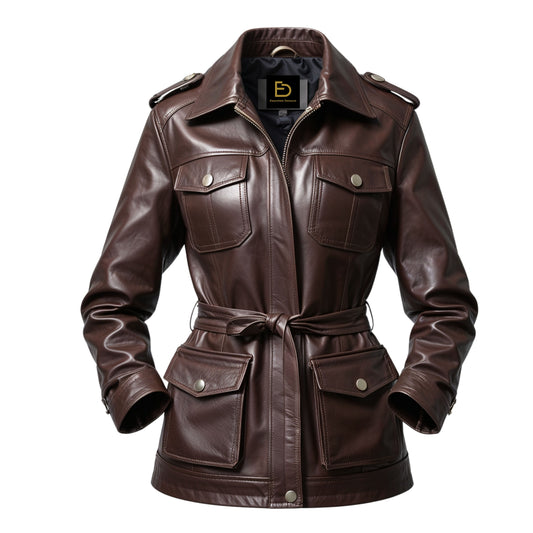 Women's Brown Real Leather Belted Utility Jacket – Military Inspired Cargo Style