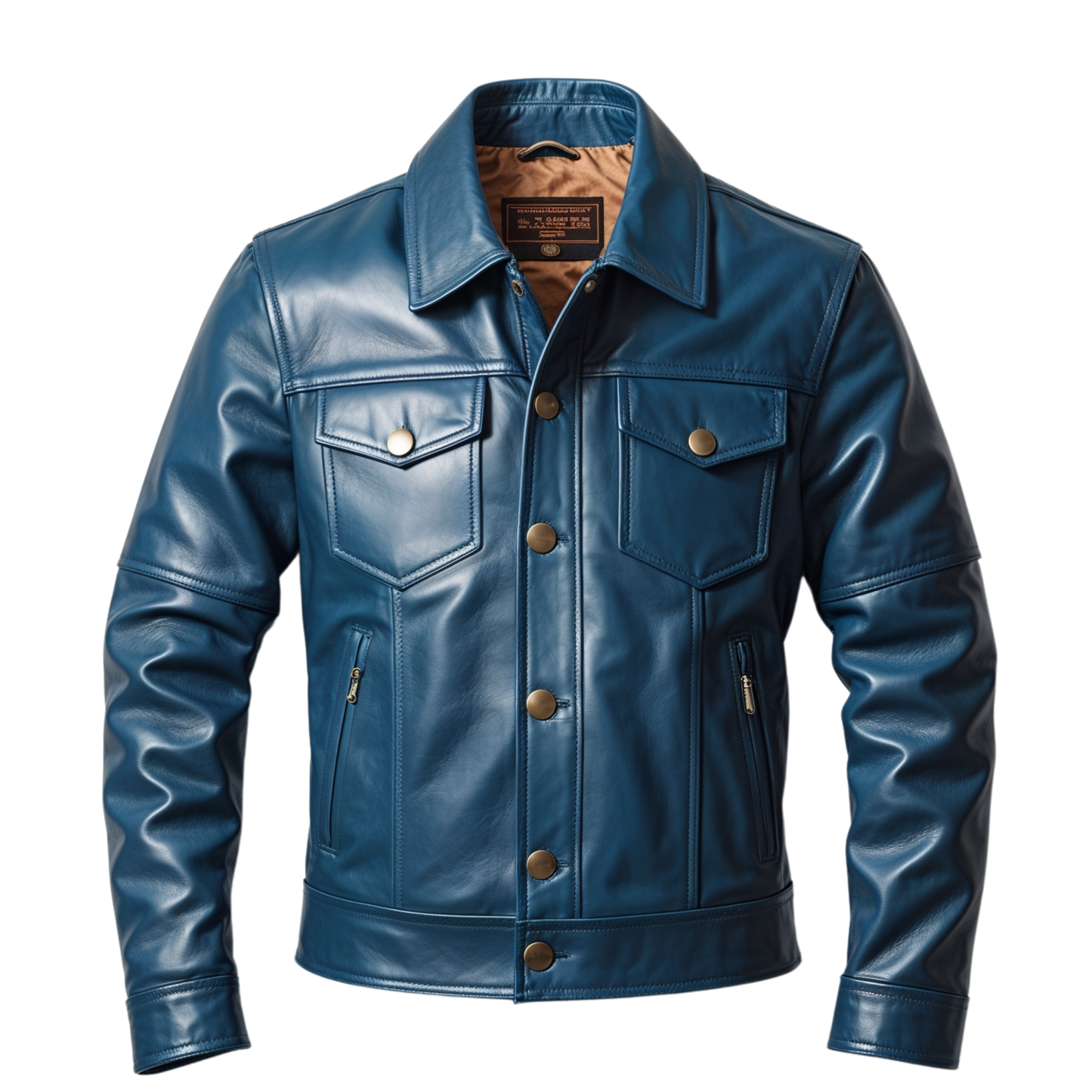 Men's Blue Genuine Leather Jacket: Button Front, Chest Flap Pockets, Side Zip