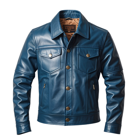 Men's Blue Genuine Leather Jacket: Button Front, Chest Flap Pockets, Side Zip