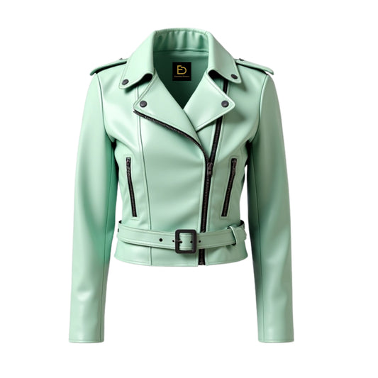 Mint Green Leather Biker Jacket: Fitted Moto Style with Belt, Zipper Pockets