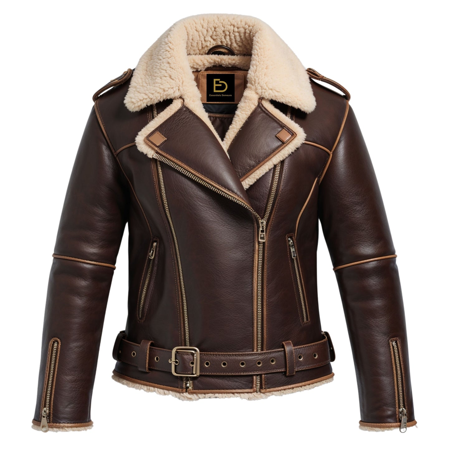 Womens Real Leather Brown Aviator Jacket Shearling Style Collar Asymmetrical Zip Front Biker Outerwear