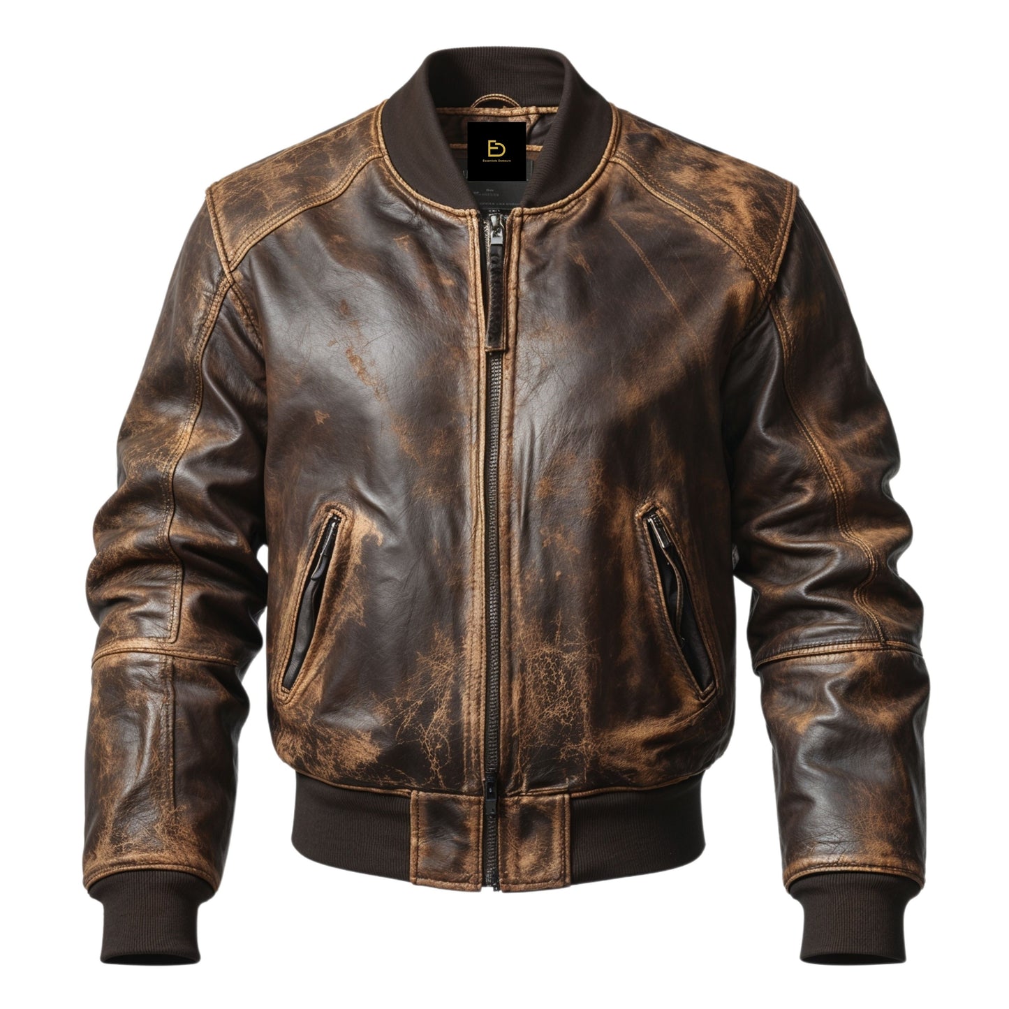 Distressed Brown Leather Bomber Jacket: Ribbed Collar, Cuffs, Hem, Zipper Front