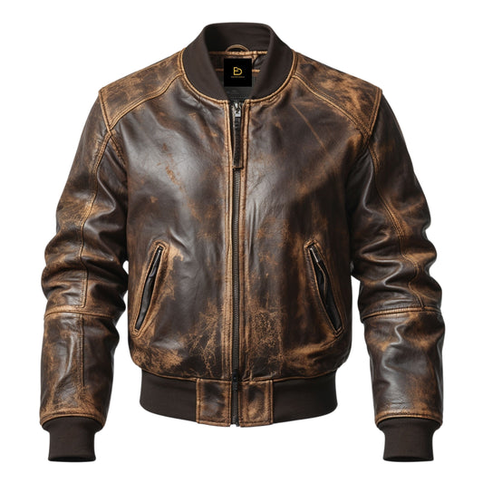 Distressed Brown Leather Bomber Jacket: Ribbed Collar, Cuffs, Hem, Zipper Front