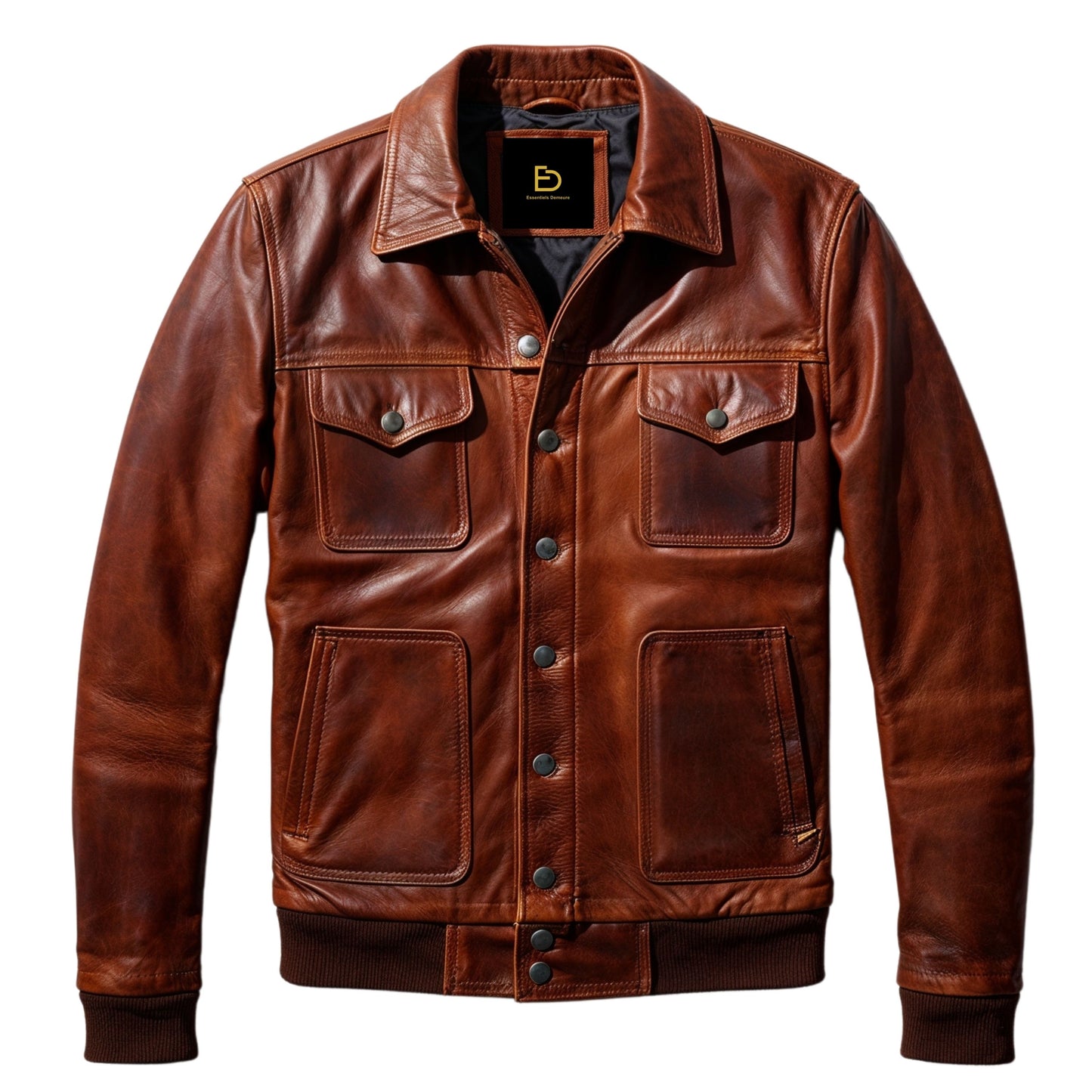Men's Brown Leather Trucker Jacket – Rugged Classic Style, Button Front, Multiple Pockets