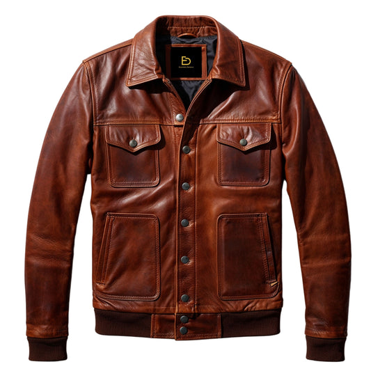 Men's Brown Leather Trucker Jacket – Rugged Classic Style, Button Front, Multiple Pockets