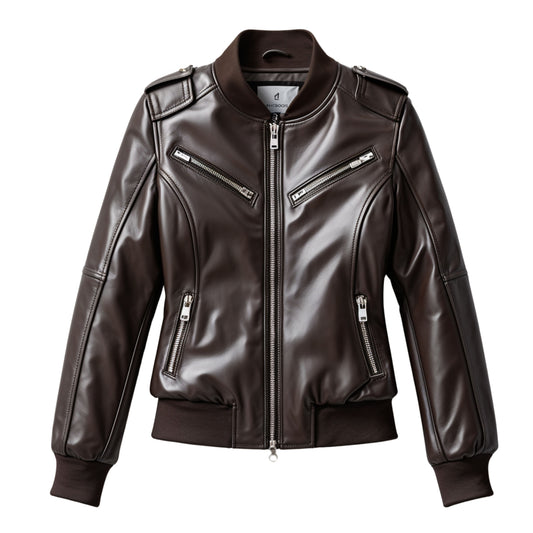 Women's Dark Brown Real Leather Bomber Jacket – Ribbed Trim Casual Urban Style