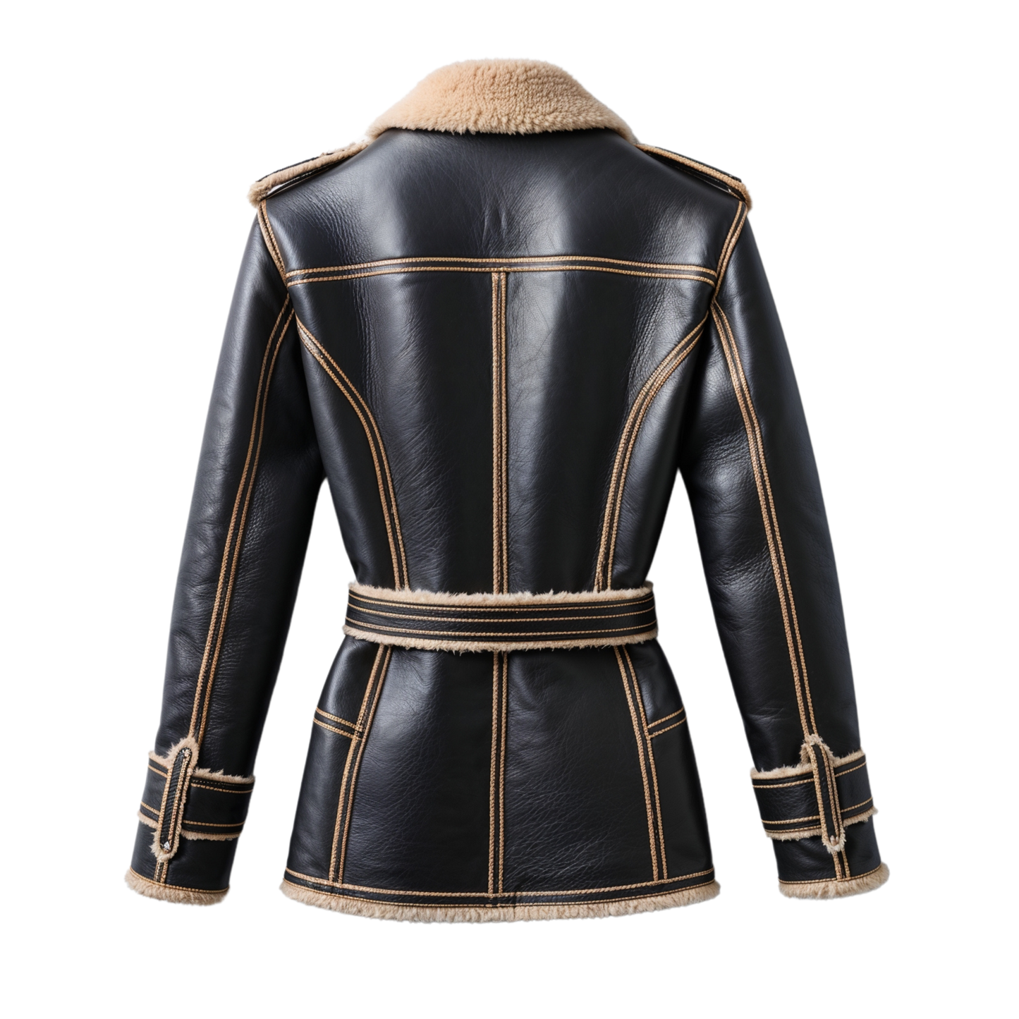 Men Black Leather Shearling Coat Cream Collar Belted Waist Luxurious Warmth Sophisticated Winter Style