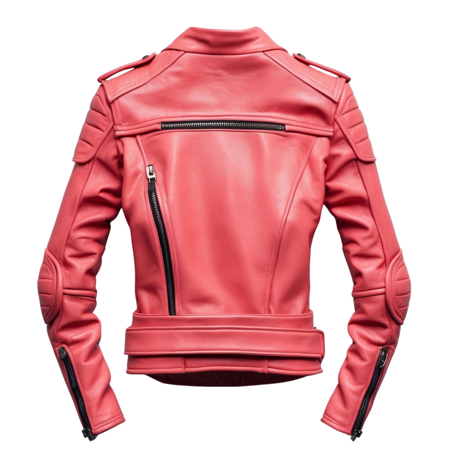 Coral Red Leather Biker Jacket: Quilted Shoulders, Belted Waist, Wide Lapel Outerwear