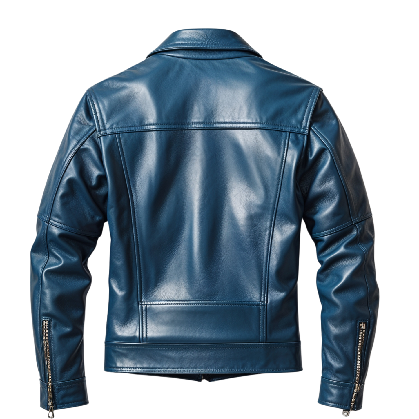 Men's Blue Genuine Leather Jacket: Button Front, Chest Flap Pockets, Side Zip
