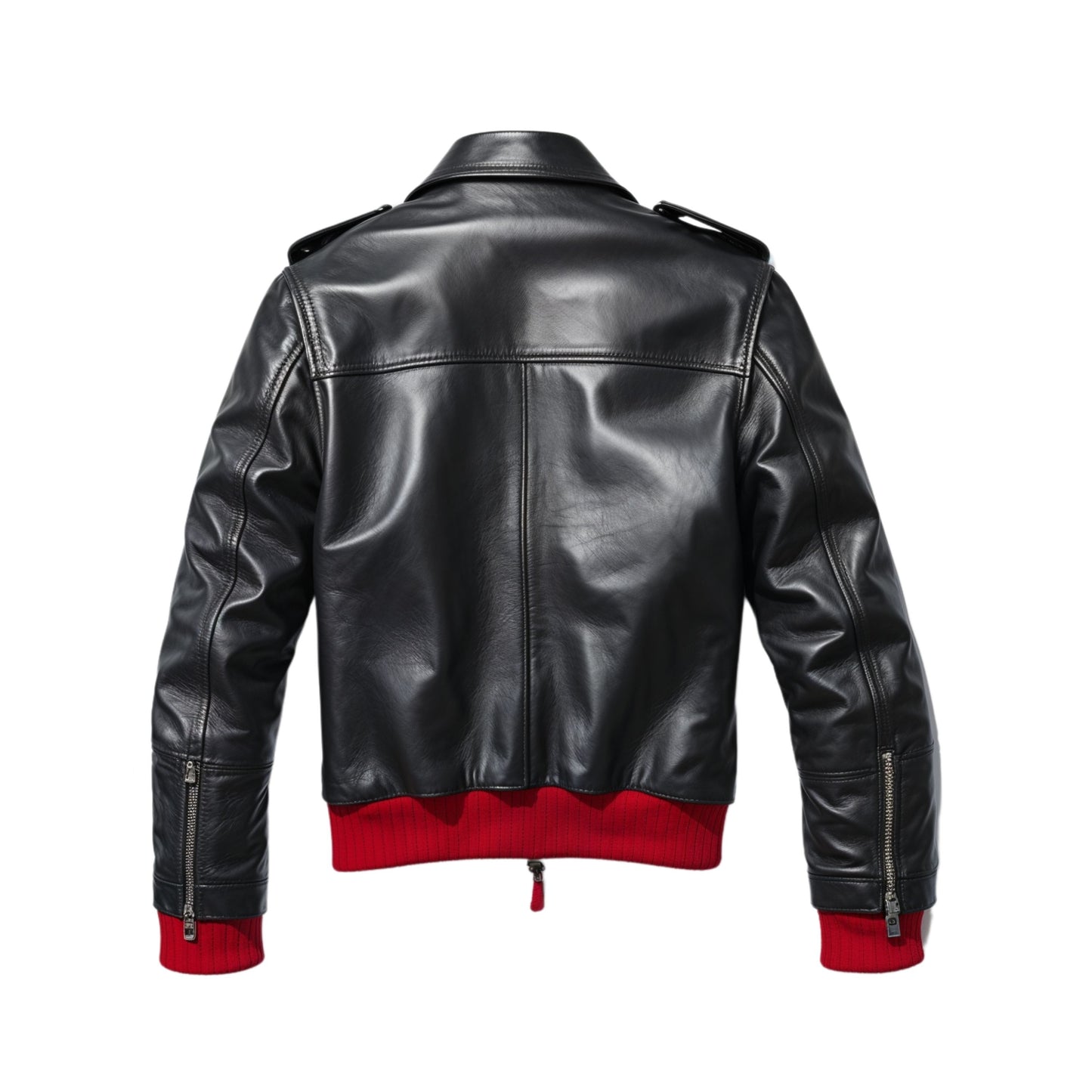 Men's Black Leather Bomber Jacket with Red Ribbed Accents – Modern Streetwear Style